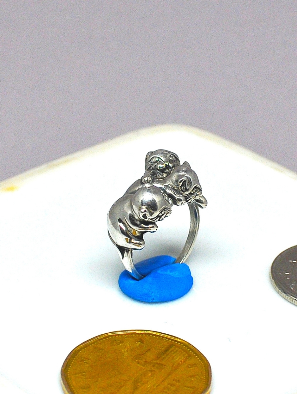 Cute Vintage Ring with 3 cuddly kitties sterling silver - Picture 5 of 7